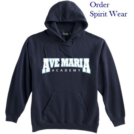 A dark hoodie sweatshirt with "Ave Maria Academy" in large print